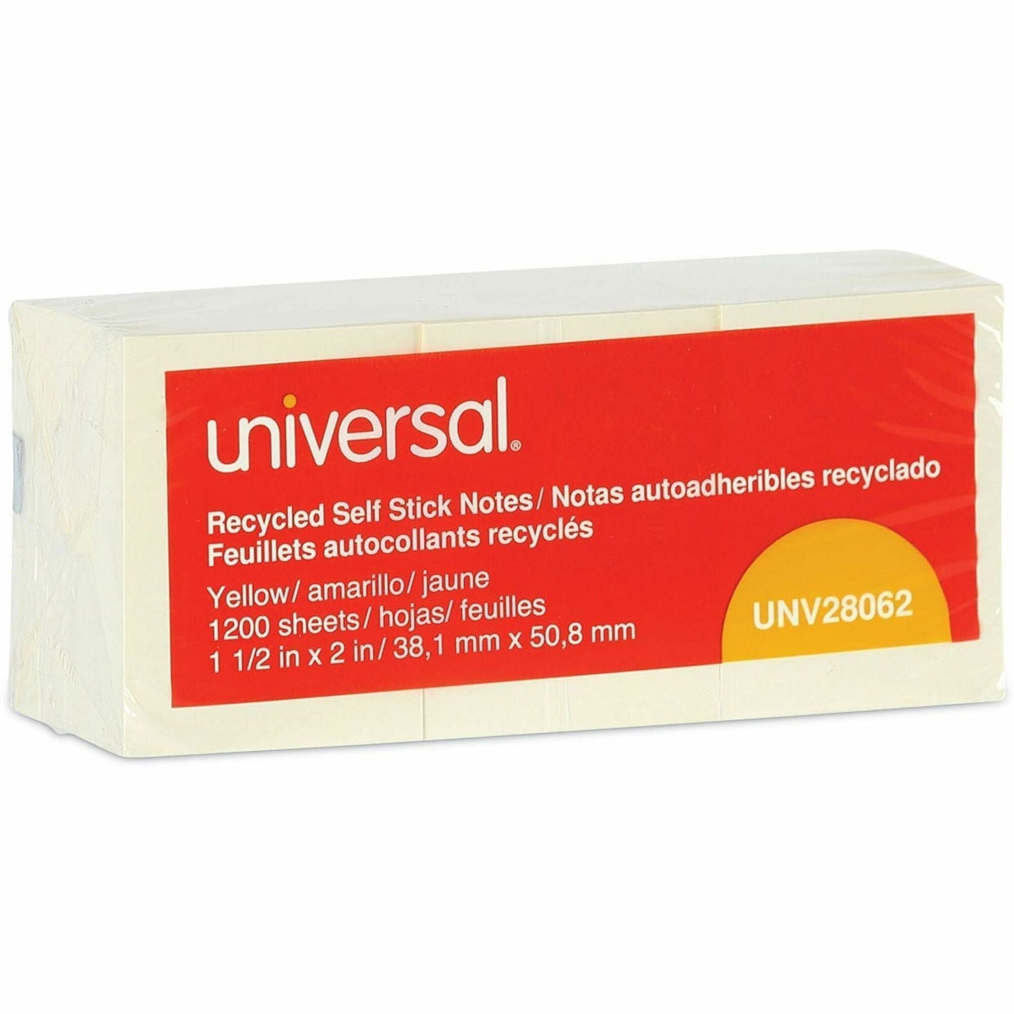 Universal Note Pad, Rectangle, 1 1/2" x 2", Yellow, Unruled, 100 Sheets per Pad, Self-stick, Repositionable, Recycled Paper, 12 Pads per Pack