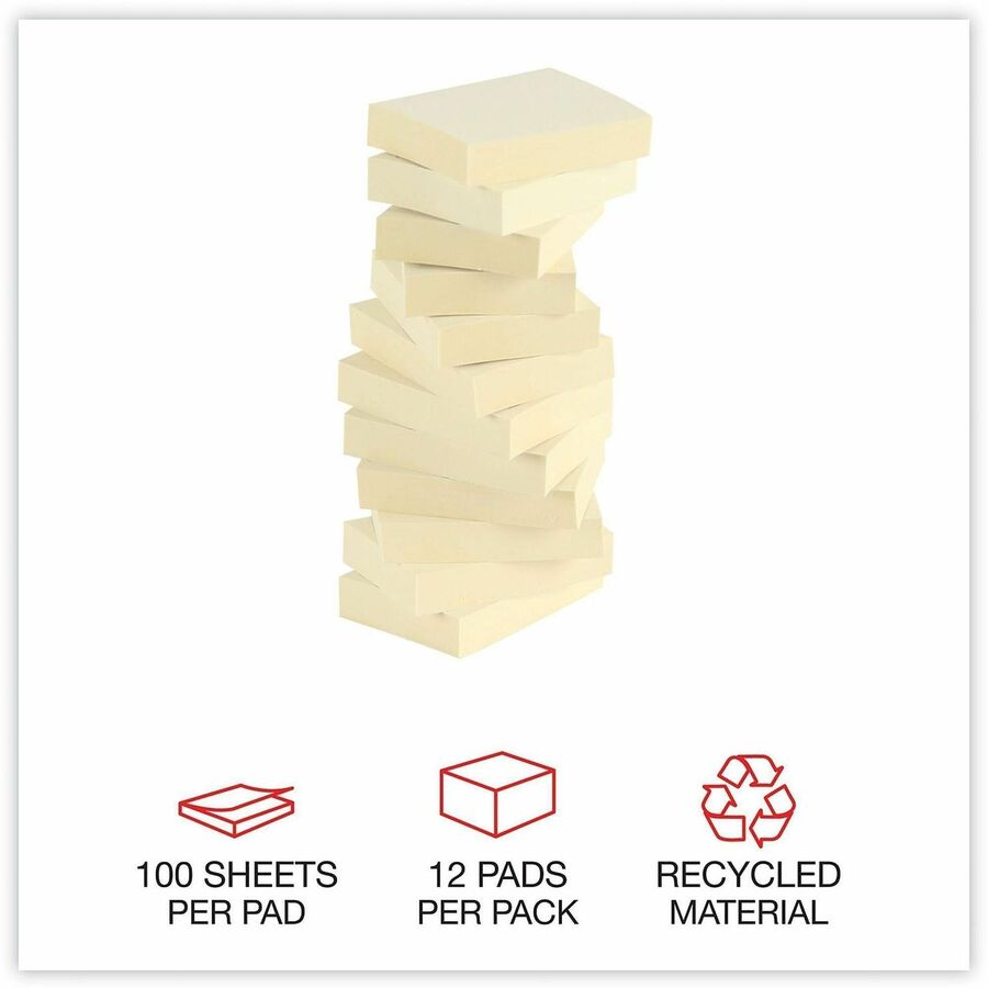 Universal Note Pad, Rectangle, 1 1/2" x 2", Yellow, Unruled, 100 Sheets per Pad, Self-stick, Repositionable, Recycled Paper, 12 Pads per Pack