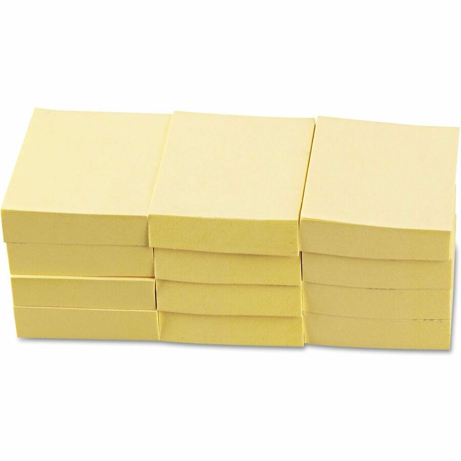 Universal Note Pad, Rectangle, 1 1/2" x 2", Yellow, Unruled, 100 Sheets per Pad, Self-stick, Repositionable, Recycled Paper, 12 Pads per Pack