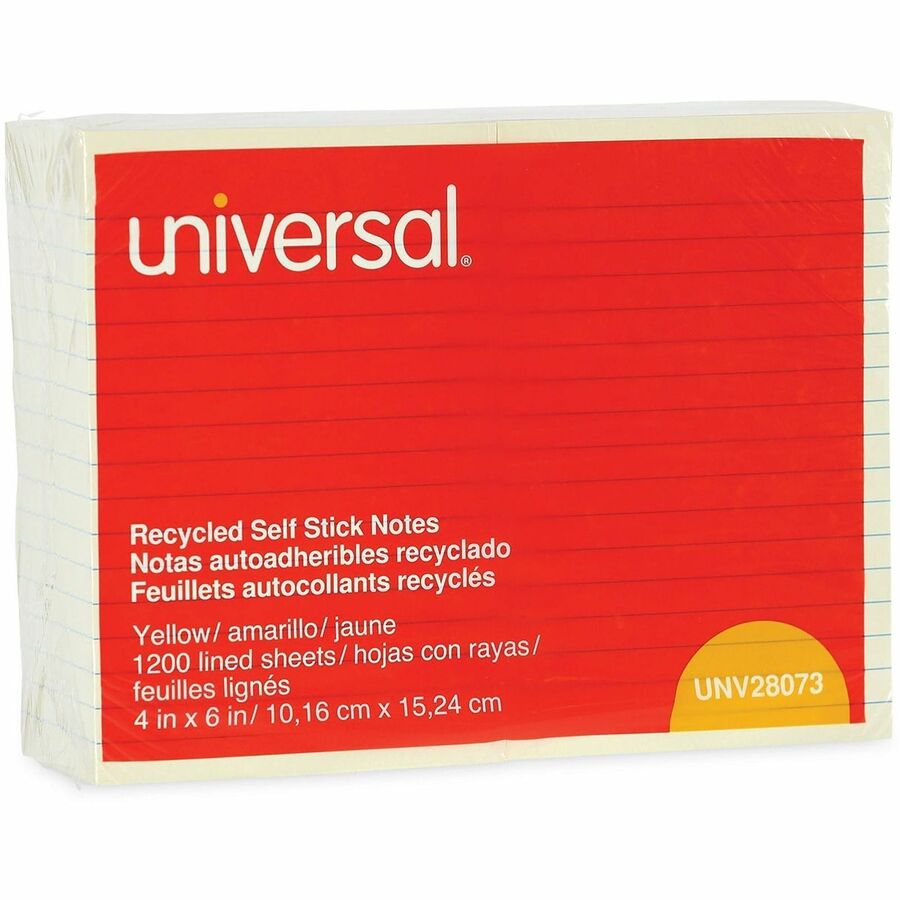 Universal Note Pad, 4" x 6", Rectangle, Unruled, Yellow, 100 Sheets per Pad, Self-stick, Repositionable, Recycled, 12 Pack