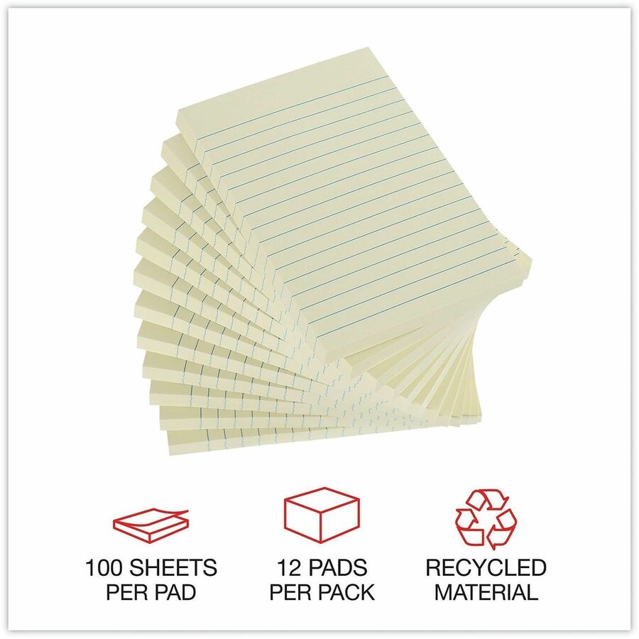 Universal Note Pad, 4" x 6", Rectangle, Unruled, Yellow, 100 Sheets per Pad, Self-stick, Repositionable, Recycled, 12 Pack