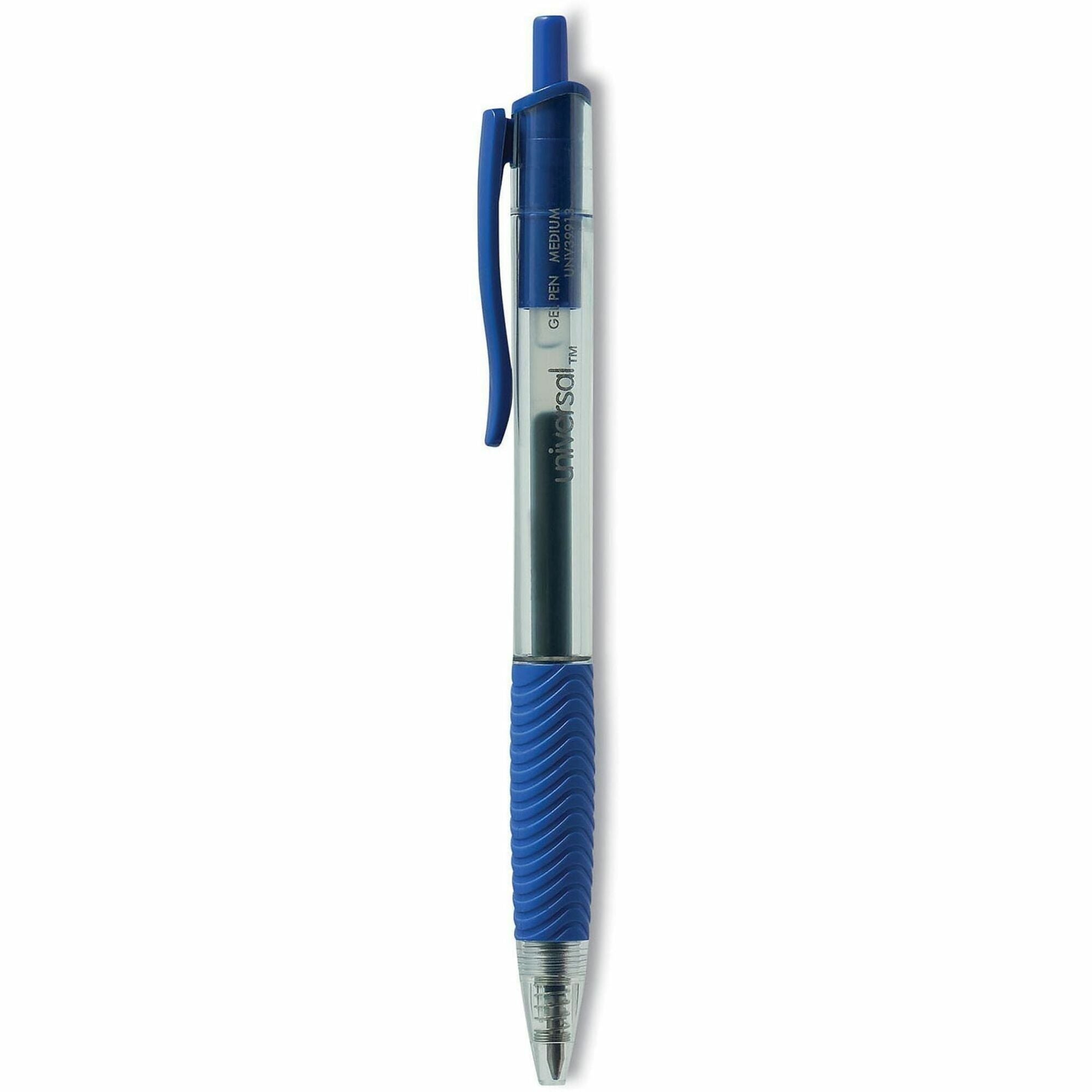 Universal Comfort Grip Gel Pen - Retractable - Blue Ink - Gel-based, Water Based - Clear, Blue Barrel - 1 Dozen