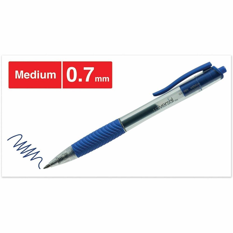Universal Comfort Grip Gel Pen - Retractable - Blue Ink - Gel-based, Water Based - Clear, Blue Barrel - 1 Dozen