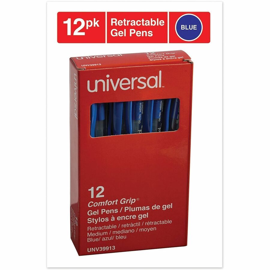 Universal Comfort Grip Gel Pen - Retractable - Blue Ink - Gel-based, Water Based - Clear, Blue Barrel - 1 Dozen