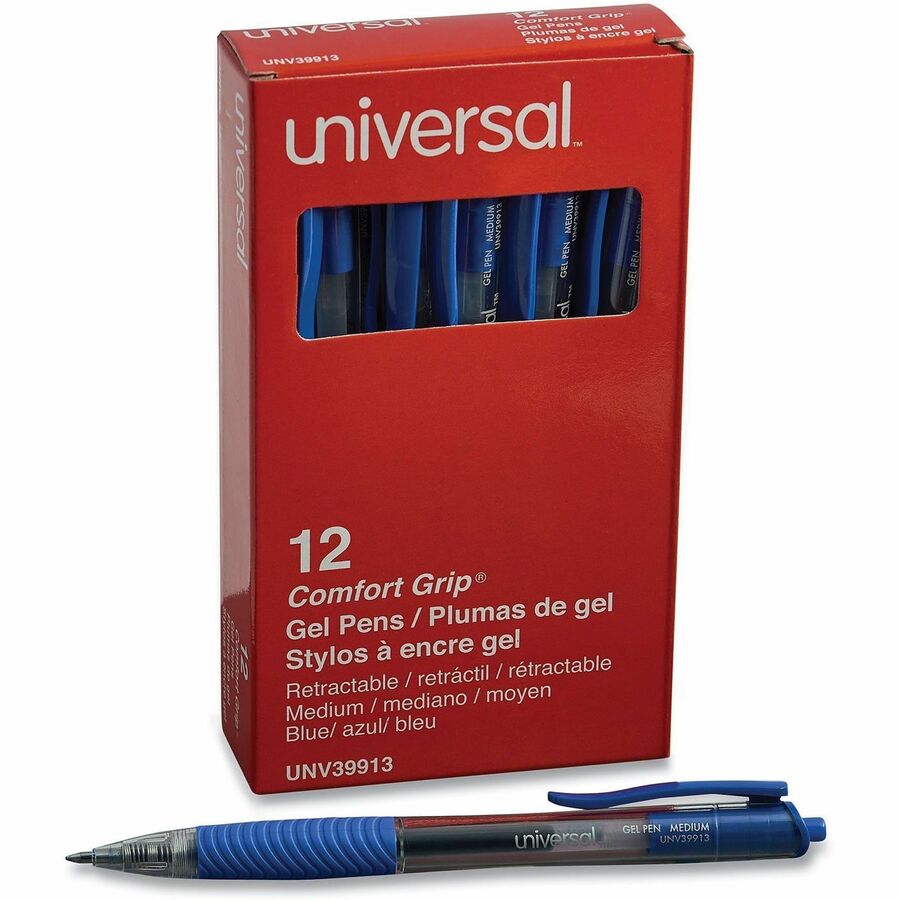 Universal Comfort Grip Gel Pen - Retractable - Blue Ink - Gel-based, Water Based - Clear, Blue Barrel - 1 Dozen