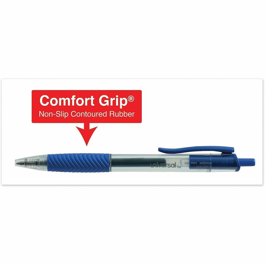 Universal Comfort Grip Gel Pen - Retractable - Blue Ink - Gel-based, Water Based - Clear, Blue Barrel - 1 Dozen