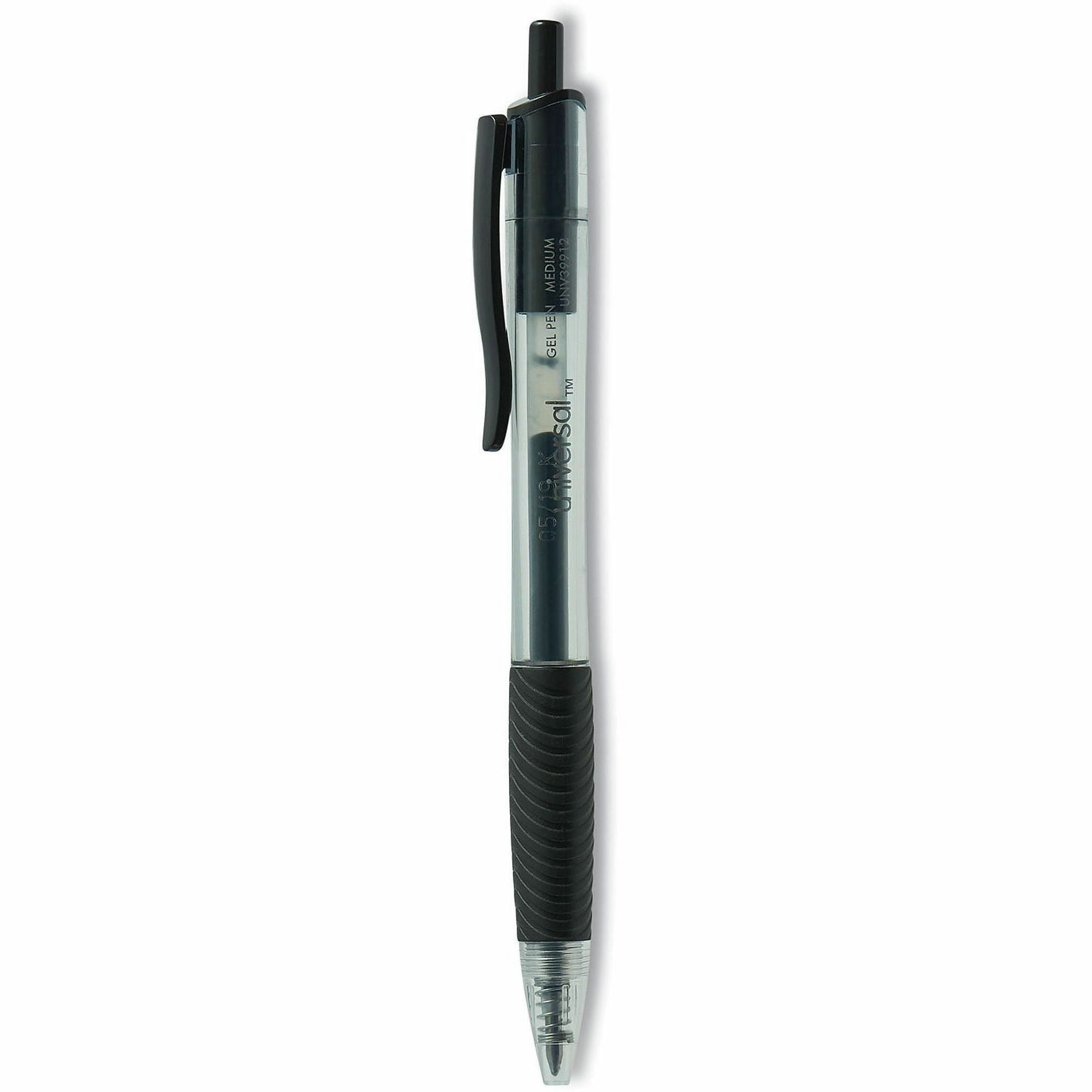 Universal Comfort Grip Gel Pen - Retractable - Black Ink - Gel-based, Water Based - Clear, Black Barrel - 1 Dozen