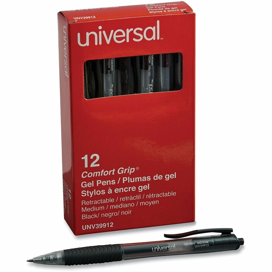Universal Comfort Grip Gel Pen - Retractable - Black Ink - Gel-based, Water Based - Clear, Black Barrel - 1 Dozen