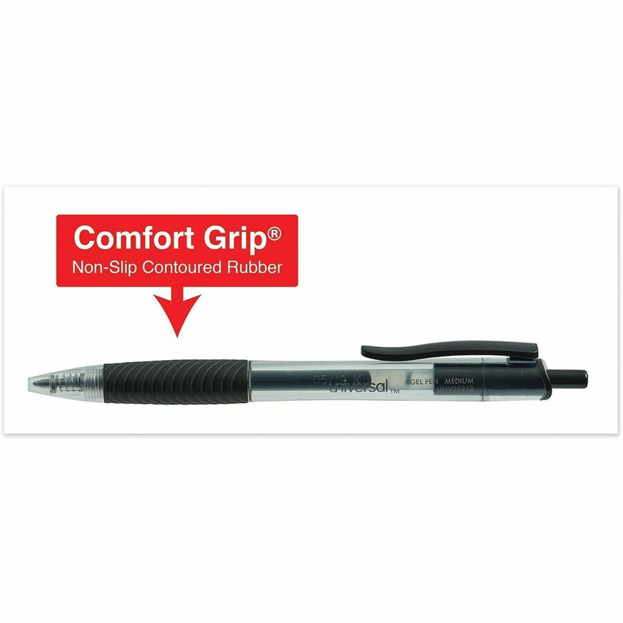 Universal Comfort Grip Gel Pen - Retractable - Black Ink - Gel-based, Water Based - Clear, Black Barrel - 1 Dozen