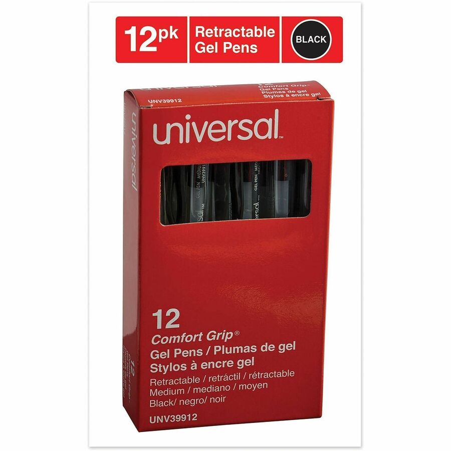 Universal Comfort Grip Gel Pen - Retractable - Black Ink - Gel-based, Water Based - Clear, Black Barrel - 1 Dozen