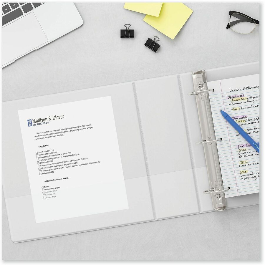 4" Binder Capacity - 775 Sheet Capacity - 3 Ring(s) - Fastener(s): Ring - Pocket(s): 2, Inside Front & Back - Polypropylene - White - Non-stick - 1 Each