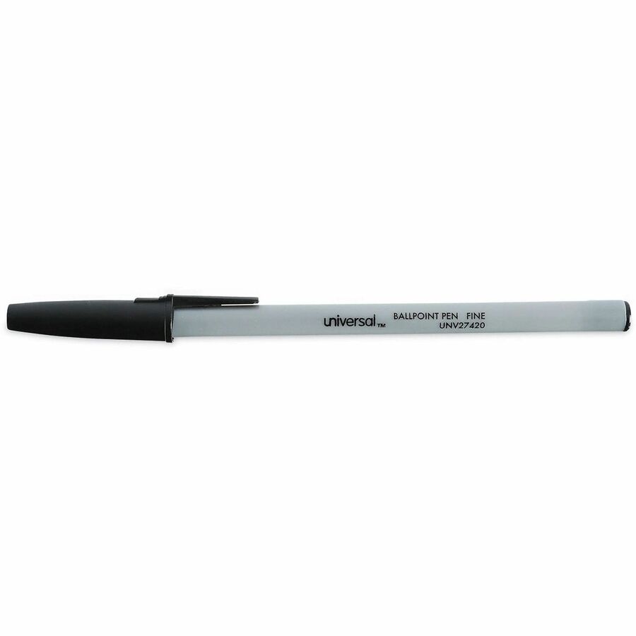 Universal Ballpoint Pen, Black Ink, 0.7 mm Fine Conical Point, Oil-Based, Gray Stick, Black Barrel, Smooth Grip, Quick-Drying, 1 Dozen
