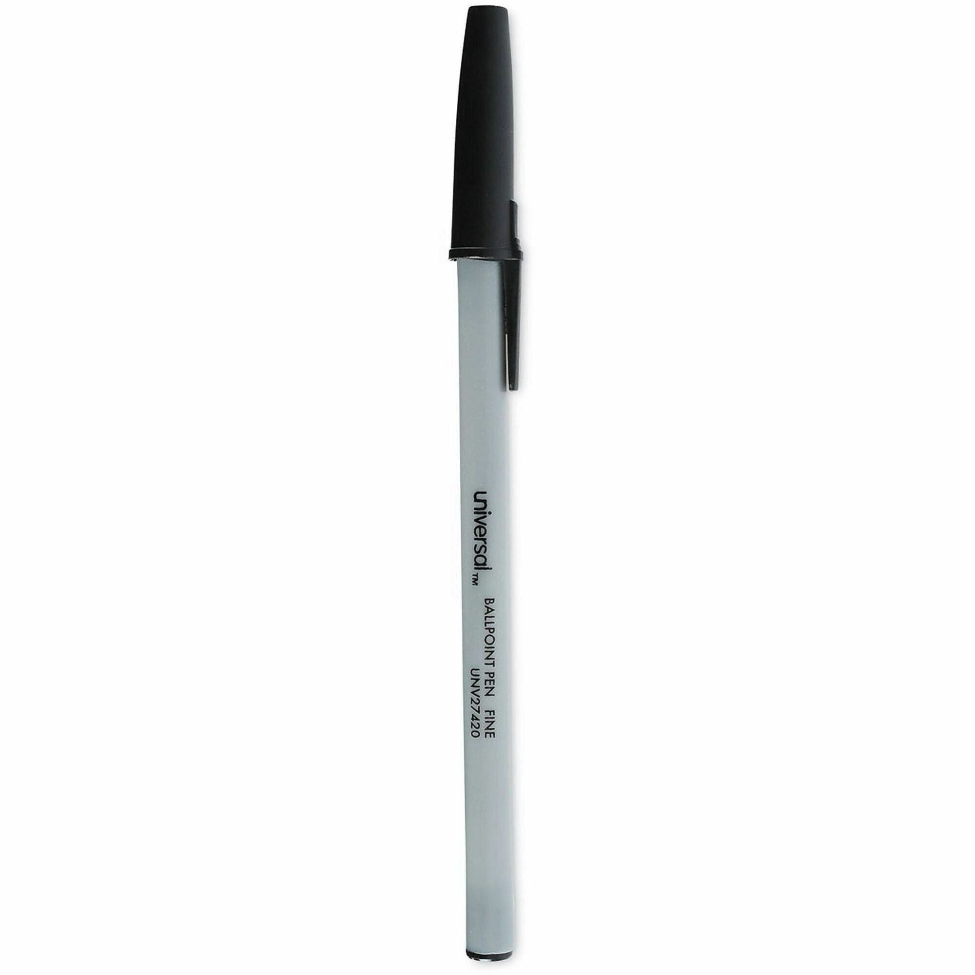 Universal Ballpoint Pen, Black Ink, 0.7 mm Fine Conical Point, Oil-Based, Gray Stick, Black Barrel, Smooth Grip, Quick-Drying, 1 Dozen