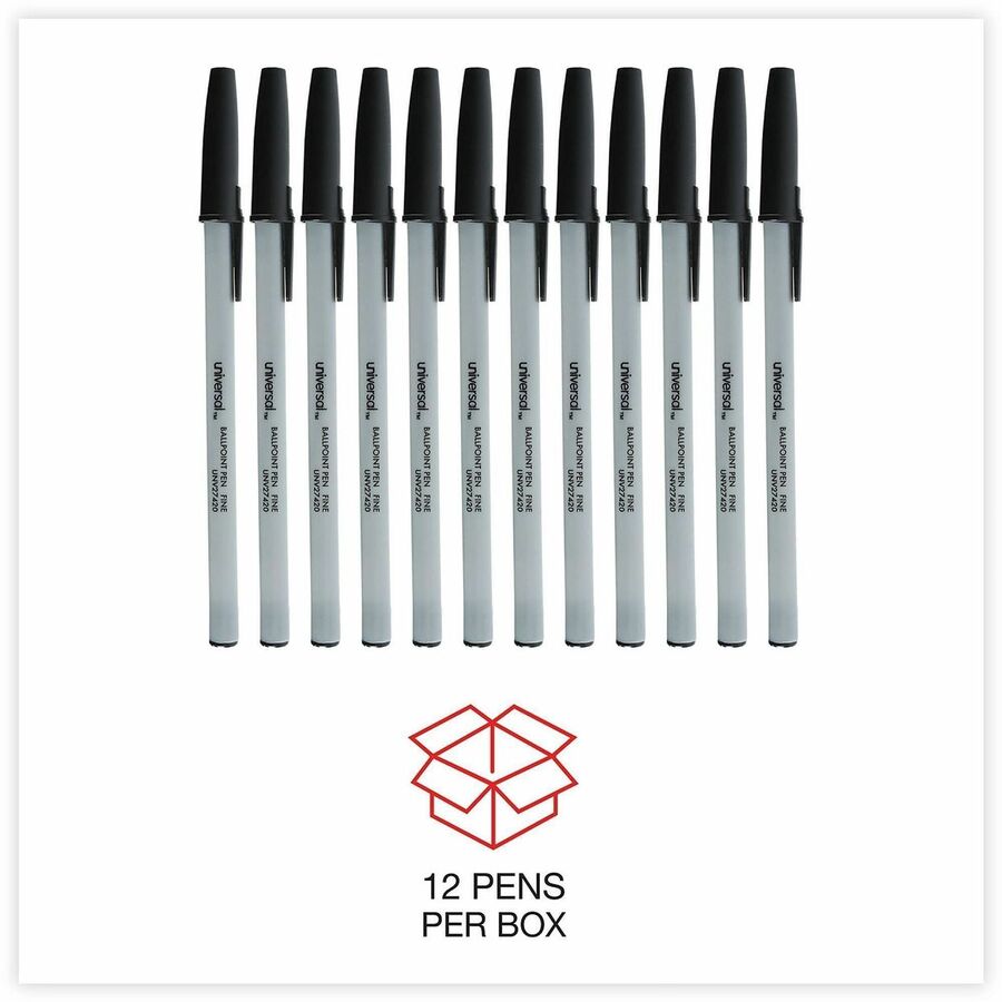 Universal Ballpoint Pen, Black Ink, 0.7 mm Fine Conical Point, Oil-Based, Gray Stick, Black Barrel, Smooth Grip, Quick-Drying, 1 Dozen