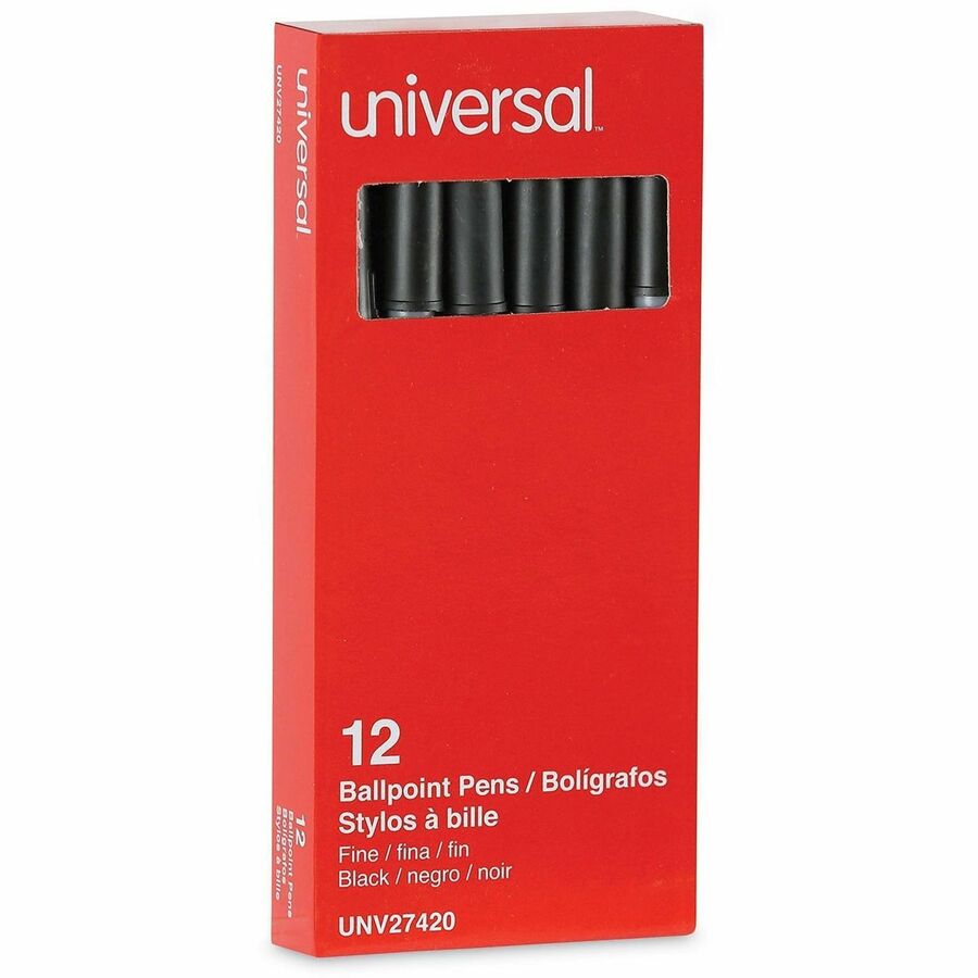 Universal Ballpoint Pen, Black Ink, 0.7 mm Fine Conical Point, Oil-Based, Gray Stick, Black Barrel, Smooth Grip, Quick-Drying, 1 Dozen