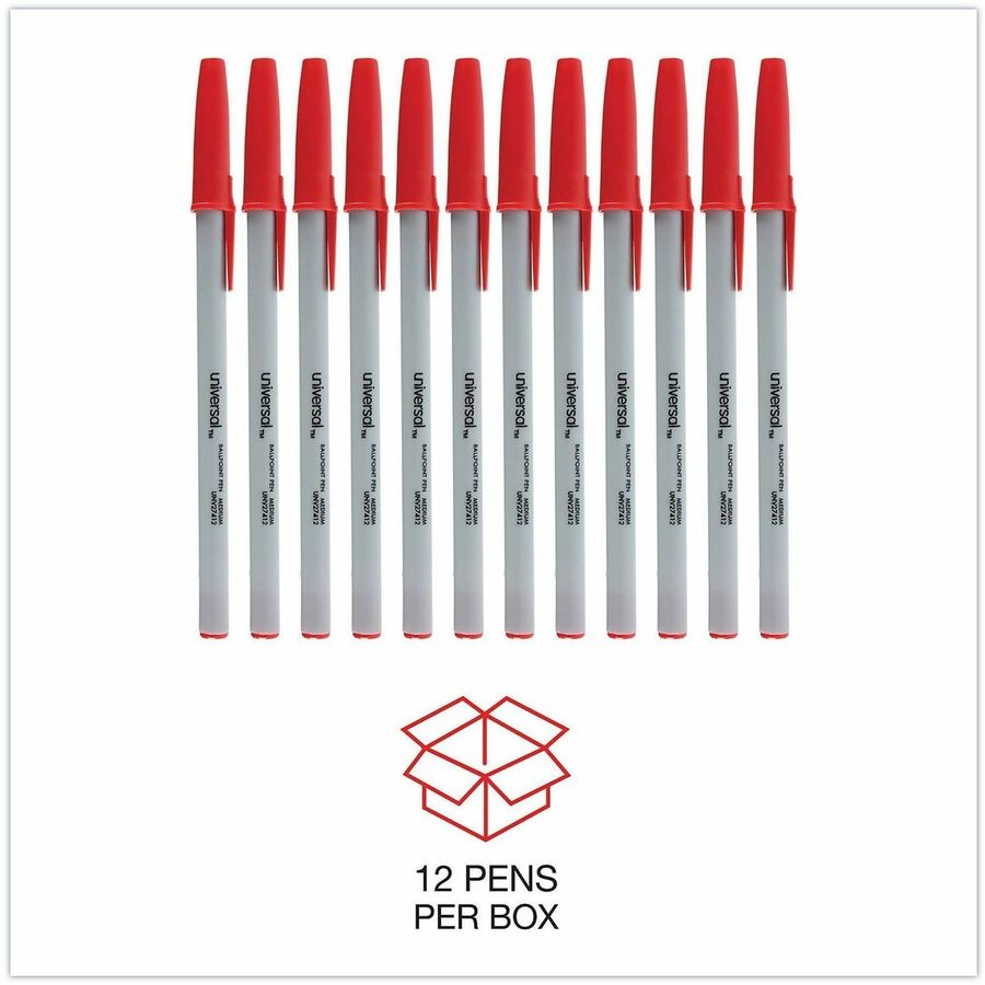 Universal Ballpoint Pen - Red Ink - Oil Based - Gray Stick, Red Barrel - Office - 1 Dozen