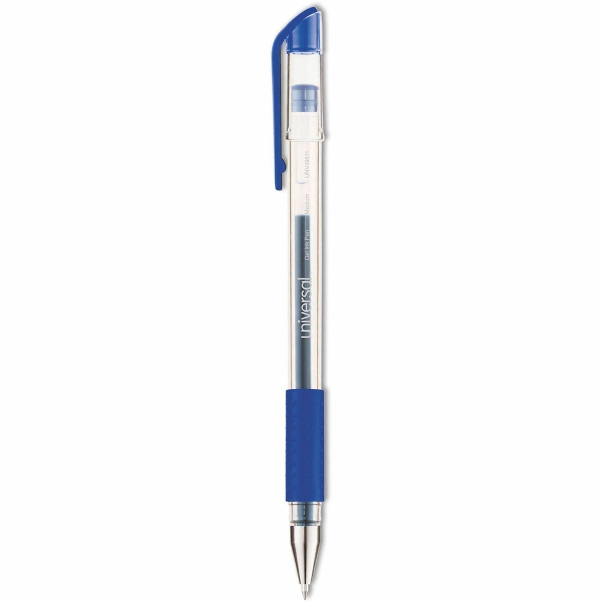 Universal Comfort Grip Gel Pen - Blue Ink - Gel-based, Water Based - Clear Stick, Blue Barrel - 1 Dozen
