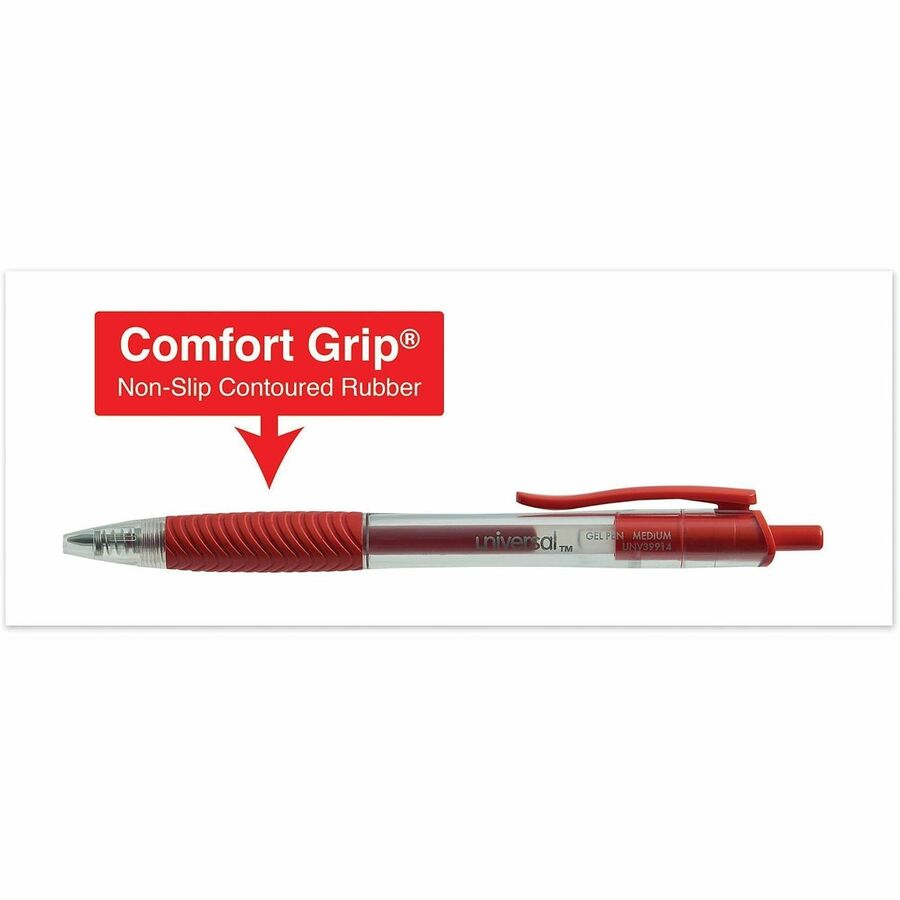 0.7 mm Medium, Conical Pen Point - Retractable - Red Ink - Gel-based, Water Based - Clear, Red Barrel - 1 Dozen