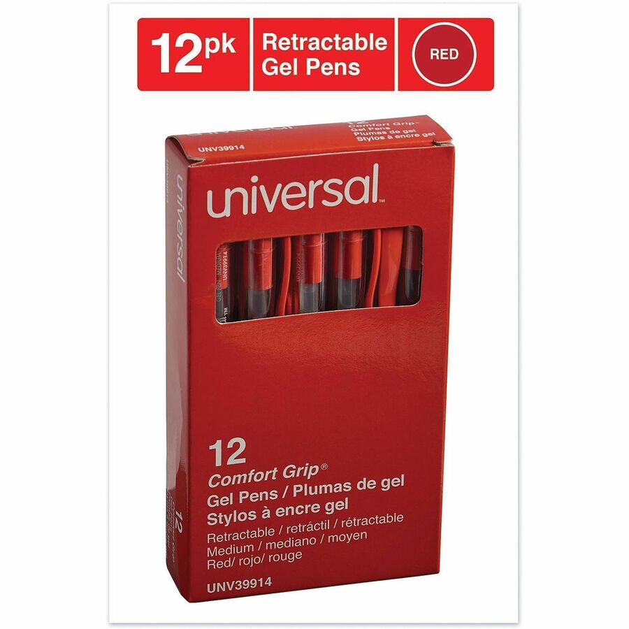 0.7 mm Medium, Conical Pen Point - Retractable - Red Ink - Gel-based, Water Based - Clear, Red Barrel - 1 Dozen