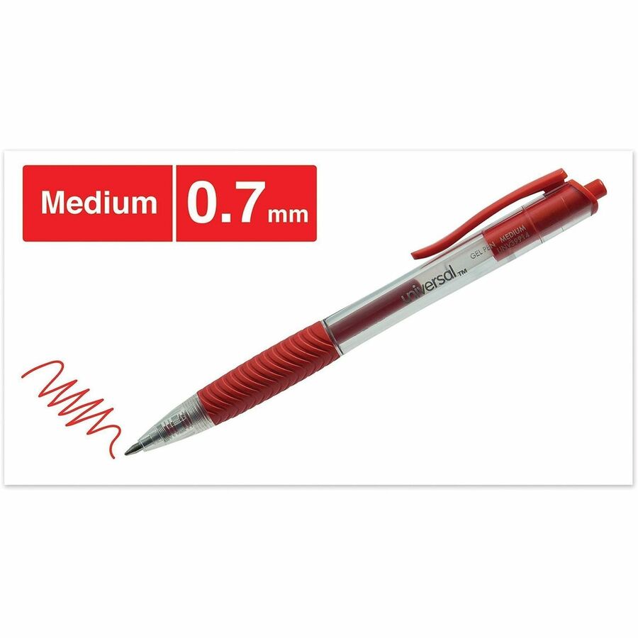 0.7 mm Medium, Conical Pen Point - Retractable - Red Ink - Gel-based, Water Based - Clear, Red Barrel - 1 Dozen