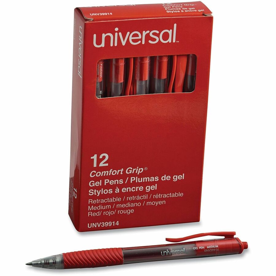 0.7 mm Medium, Conical Pen Point - Retractable - Red Ink - Gel-based, Water Based - Clear, Red Barrel - 1 Dozen