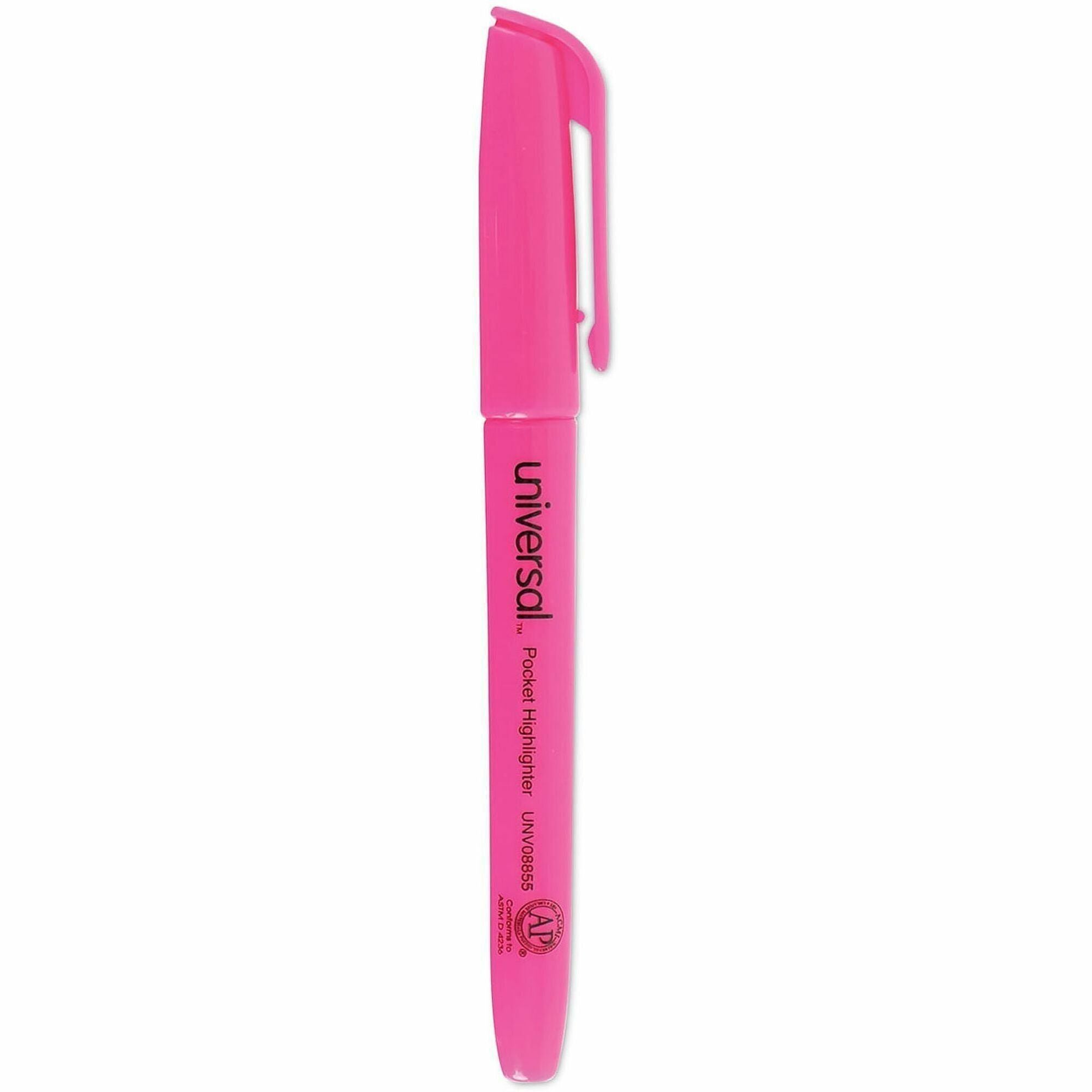 Universal Highlighter, Fluorescent Pink Ink, Chisel/Broad/Narrow Tip, Pink Barrel,
