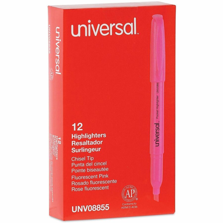 Universal Highlighter, Fluorescent Pink Ink, Chisel/Broad/Narrow Tip, Pink Barrel,