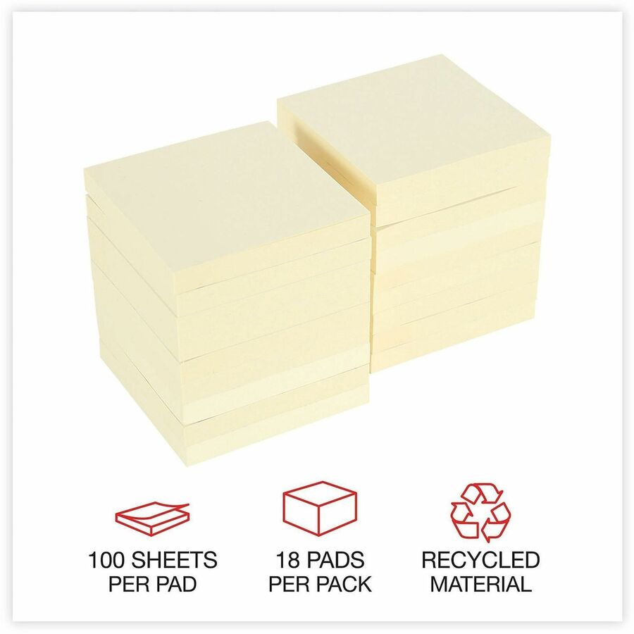 Universal Note Pad - Square - 100 Sheets per Pad - Unruled - Yellow - Paper - Self-stick, Repositionable, Adhesive Backing - Recycled - 18 / Pack