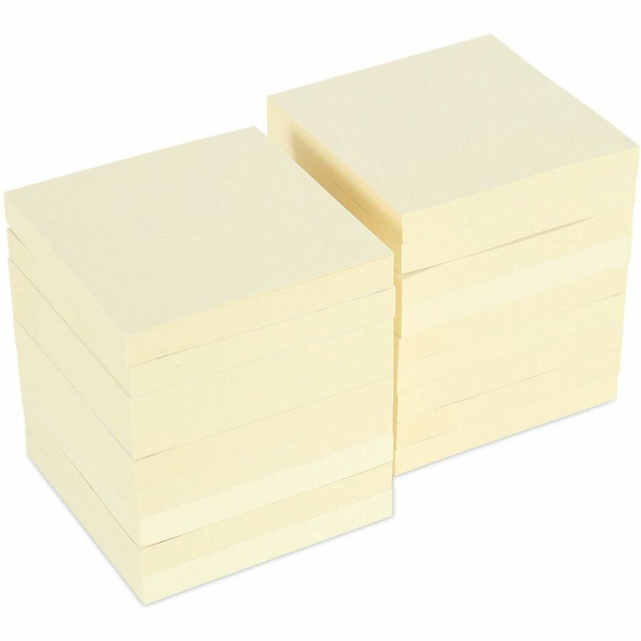Universal Note Pad - Square - 100 Sheets per Pad - Unruled - Yellow - Paper - Self-stick, Repositionable, Adhesive Backing - Recycled - 18 / Pack