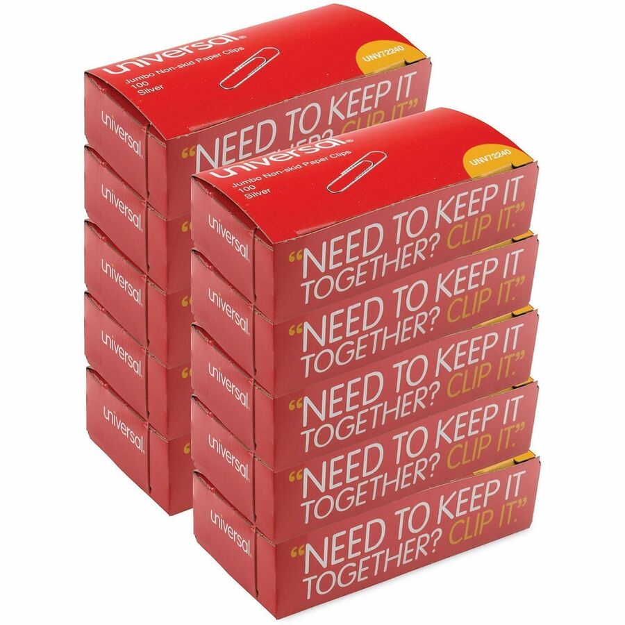 Universal Paper Clip - Jumbo - 1.9" Length x 0.5" Width - for Document, Office, School, Home, Sheet, Paper - Non-skid, Durable - Silver - Steel Wire - 100 Clips/Box - 1000 / Pack