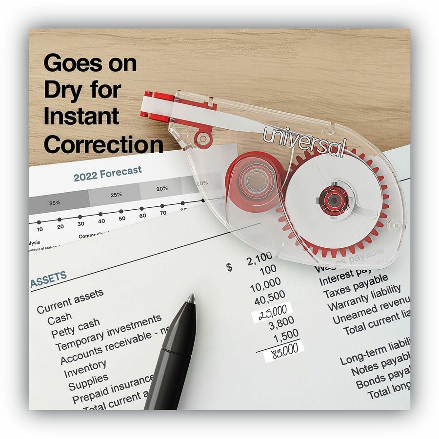 Universal Correction Tape - 0.20" Tape Width x 32.75 ft Tape Length - 1 Line(s) - White Tape - Red, Clear Dispenser - Non-refillable, Ergonomic, Tear Resistant, Flexible - Transparent - Film, Plastic - 6 / Pack