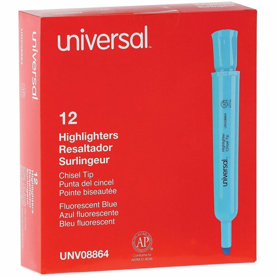 Universal Highlighter, Chisel Tip, Fluorescent Blue Ink, Blue Barrel, 1 Dozen