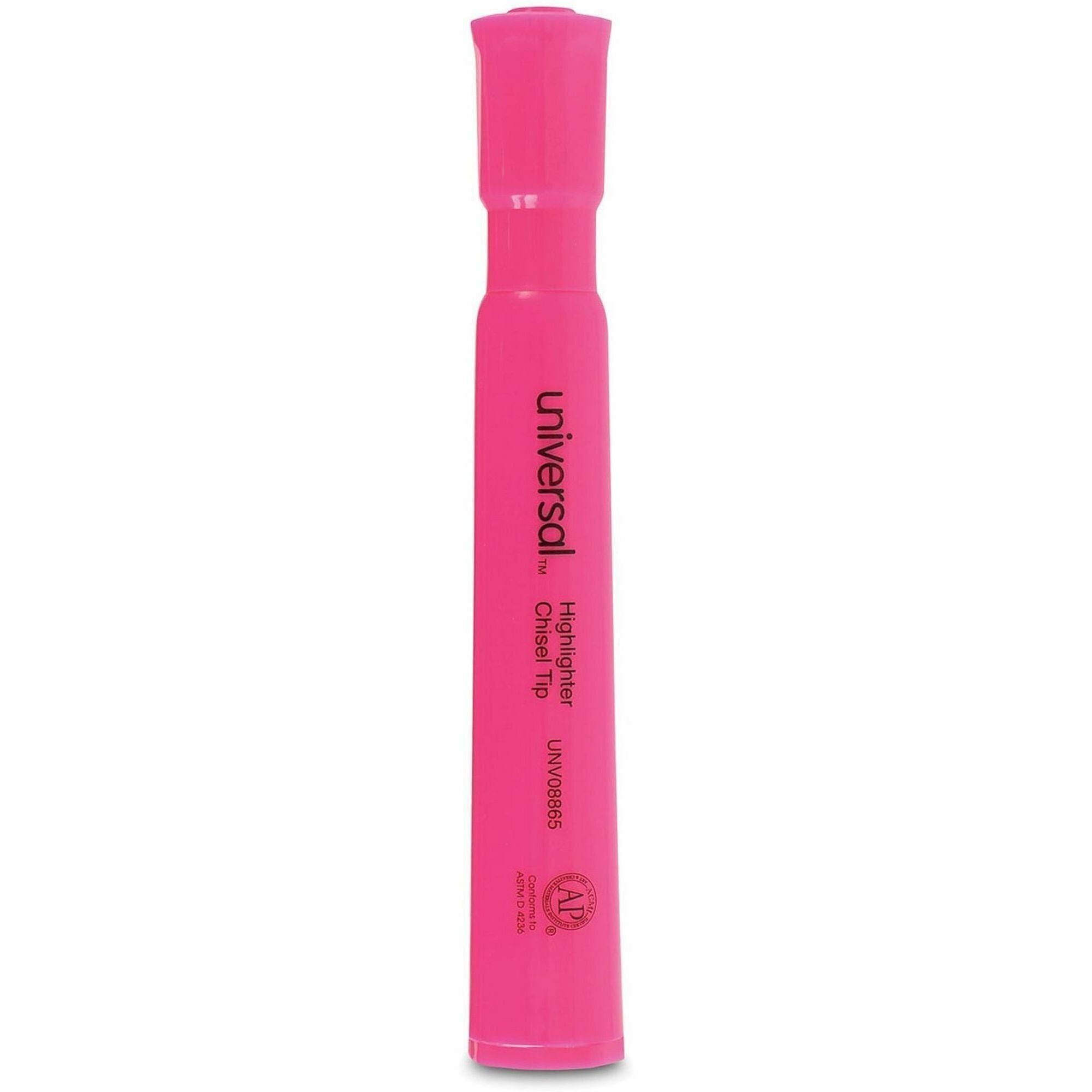Universal Highlighter, Fluorescent Pink Ink, Chisel/Broad/Narrow Tip, Pink Barrel, 1 Dozen