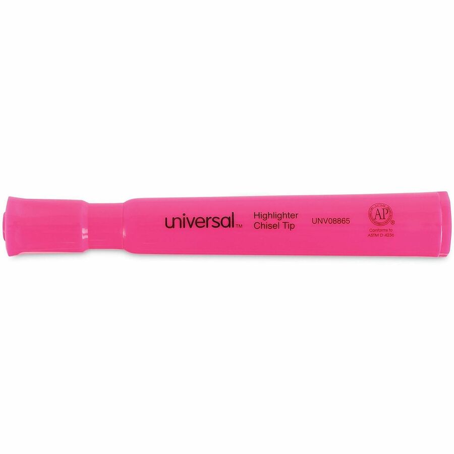 Universal Highlighter, Fluorescent Pink Ink, Chisel/Broad/Narrow Tip, Pink Barrel, 1 Dozen