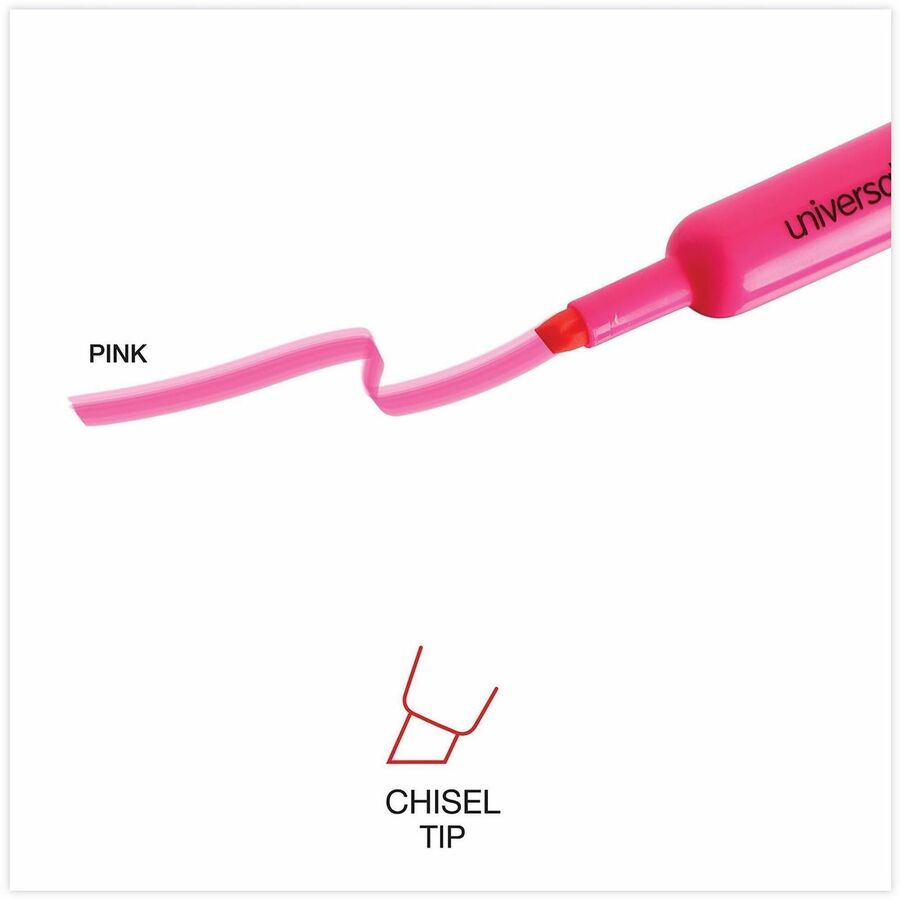 Universal Highlighter, Fluorescent Pink Ink, Chisel/Broad/Narrow Tip, Pink Barrel, 1 Dozen