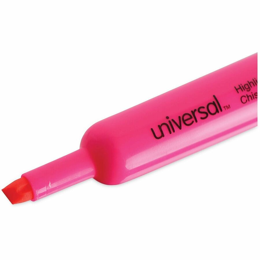 Universal Highlighter, Fluorescent Pink Ink, Chisel/Broad/Narrow Tip, Pink Barrel, 1 Dozen