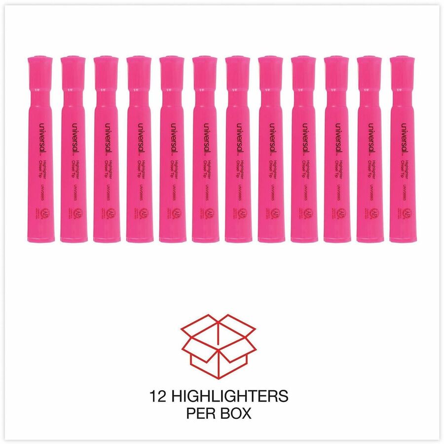 Universal Highlighter, Fluorescent Pink Ink, Chisel/Broad/Narrow Tip, Pink Barrel, 1 Dozen