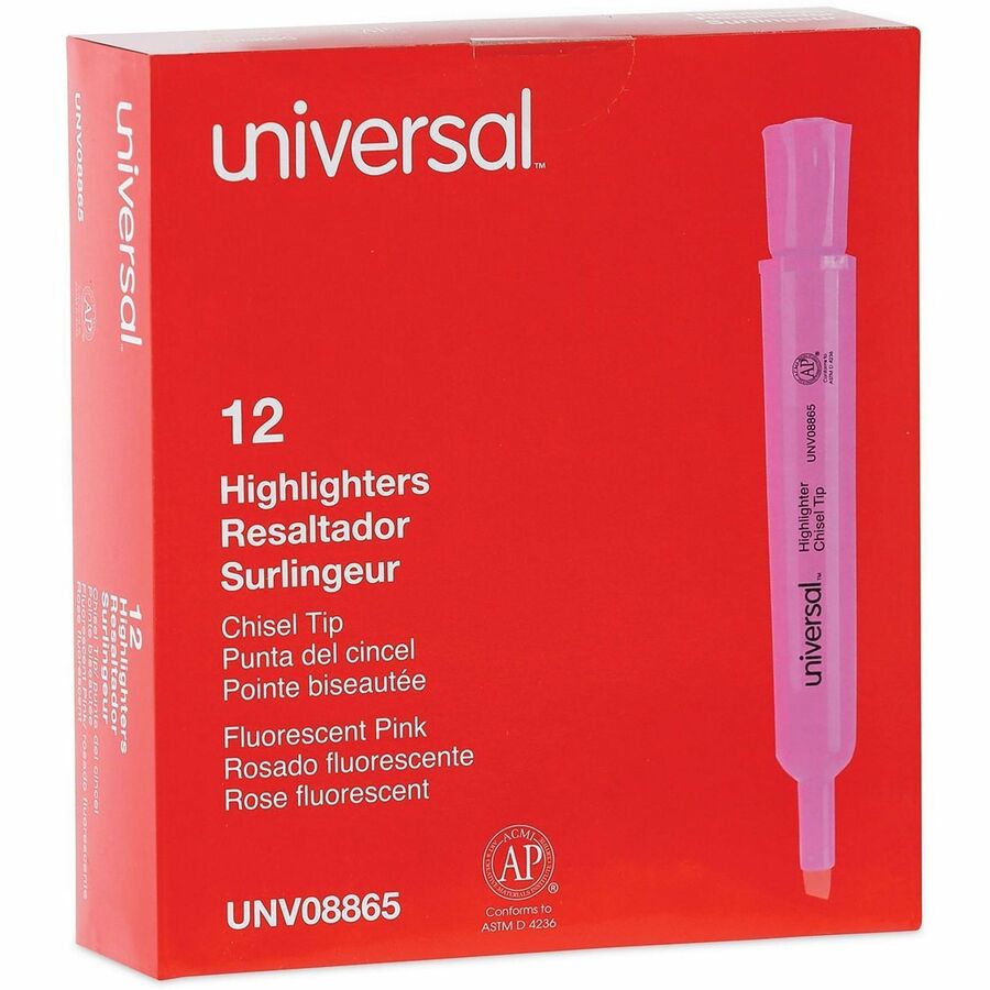 Universal Highlighter, Fluorescent Pink Ink, Chisel/Broad/Narrow Tip, Pink Barrel, 1 Dozen