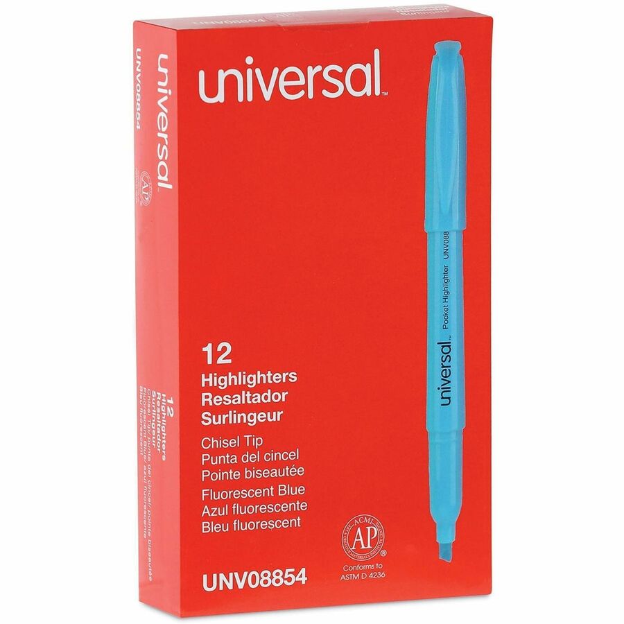 Universal Highlighter, Fluorescent Blue Ink, Blue Barrel, Chisel/Broad/Narrow Tip, 1 Dozen
