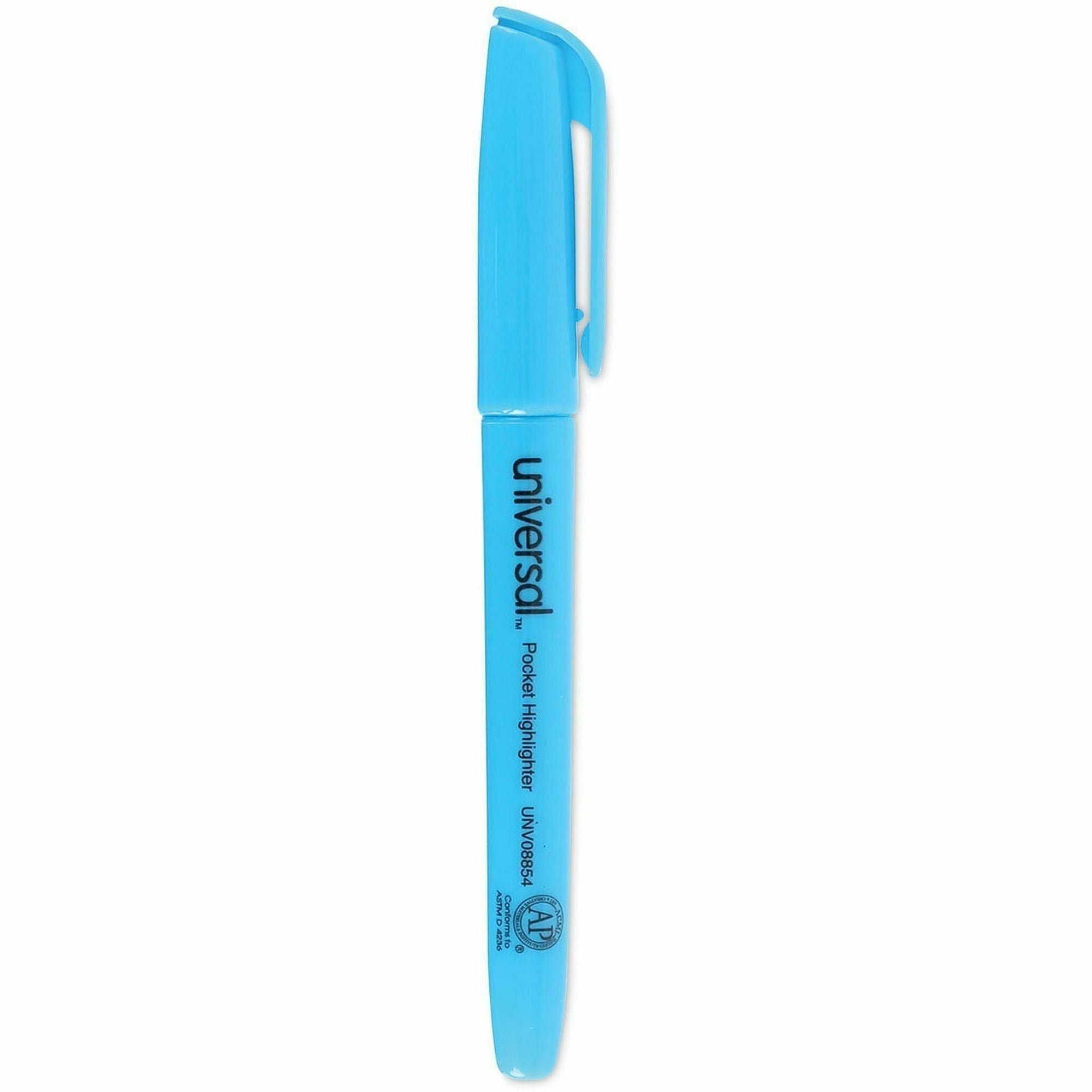 Universal Highlighter, Fluorescent Blue Ink, Blue Barrel, Chisel/Broad/Narrow Tip, 1 Dozen