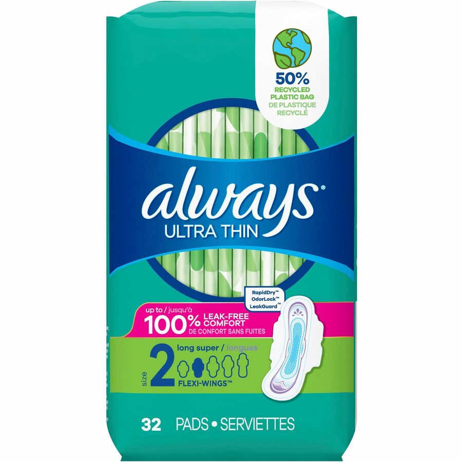 Always Flexi-Wing Ultra Thin Pads - With Wings - Super - Anti-leak, Absorbent, Odor-absorbing - 32 / Pack
