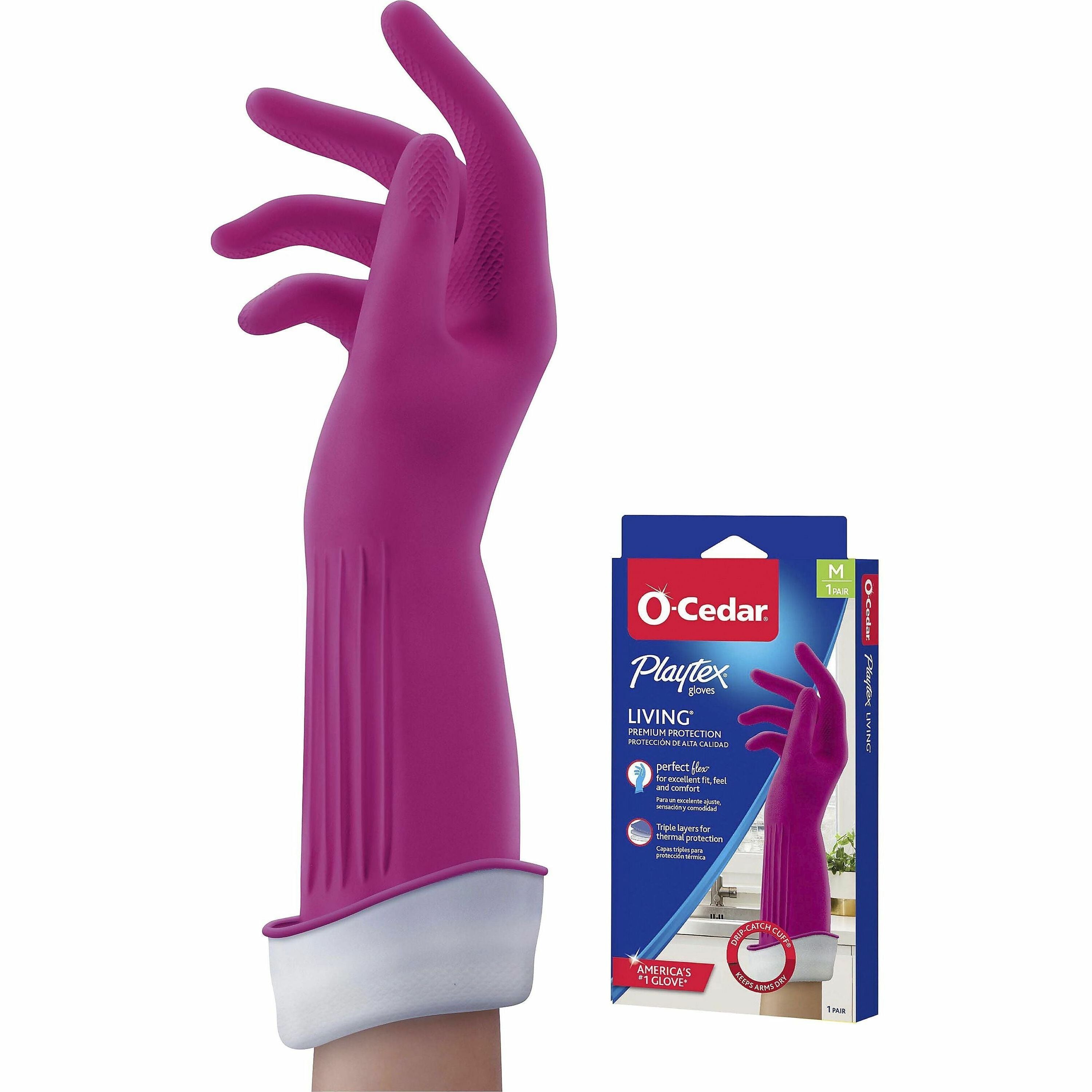 O-Cedar Playtex Living Gloves, Medium, 14" Length, Pink, Latex/Neoprene/Nitrile, Anti-microbial, Reusable, Durable, Odor Resistant, Textured Palm & Fingertip, Cotton Lined, 2 Pairs