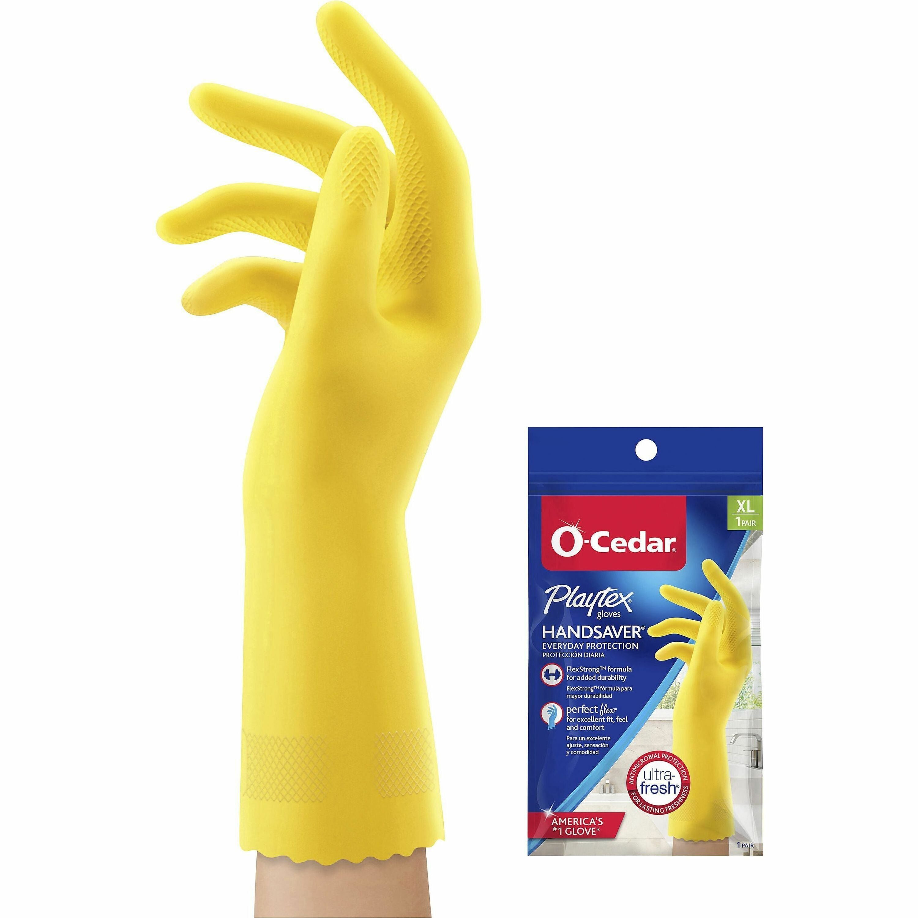 O-Cedar Playtex Handsaver Gloves, X-Large, Yellow, Latex/Nitrile/Neoprene, Cotton Lined, Long Lasting, Durable, Anti-microbial, Odor Resistant, Textured Grip, Reusable, 2 Pairs