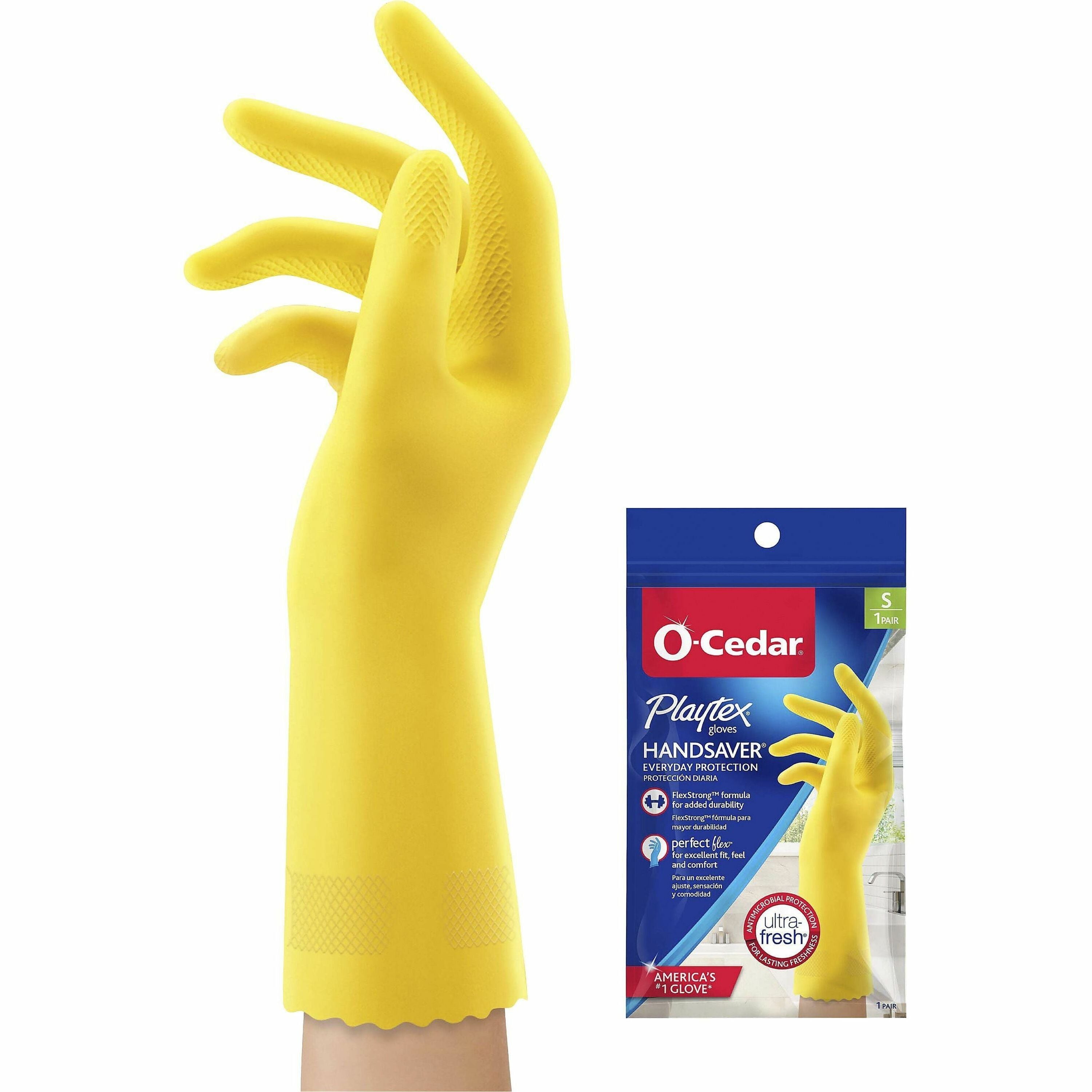 O-Cedar Playtex Handsaver Gloves, Small, Yellow, Latex/Nitrile/Neoprene, Cotton Lined, Textured Grip, Anti-microbial, Odor Resistant, Reusable, 2 Pairs