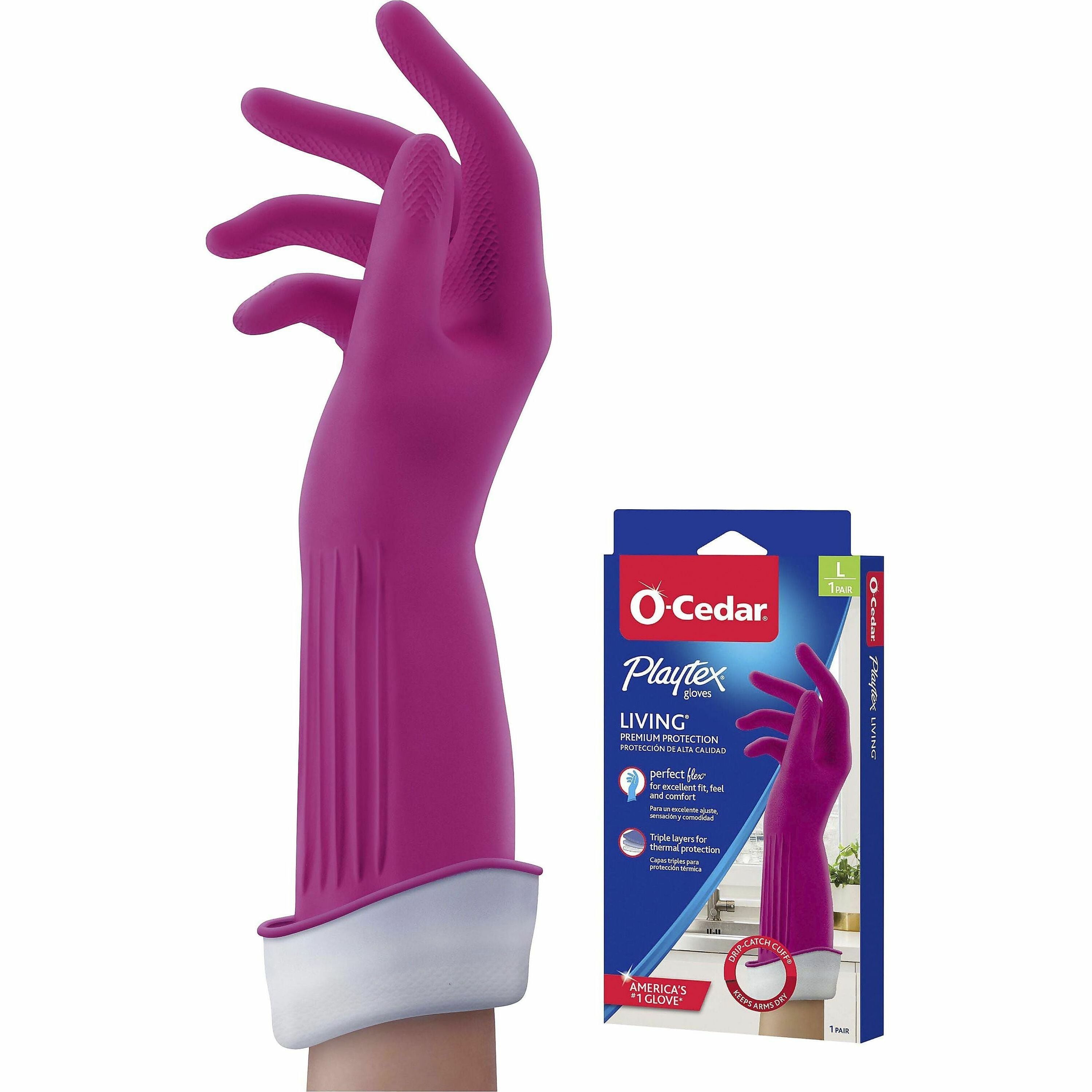 O-Cedar Playtex Living Gloves, Large, 14" Length, Pink, Latex/Neoprene/Nitrile, Anti-microbial, Reusable, Durable, Odor Resistant, Textured Palm & Fingertip, Cotton Lined, 2 Pairs