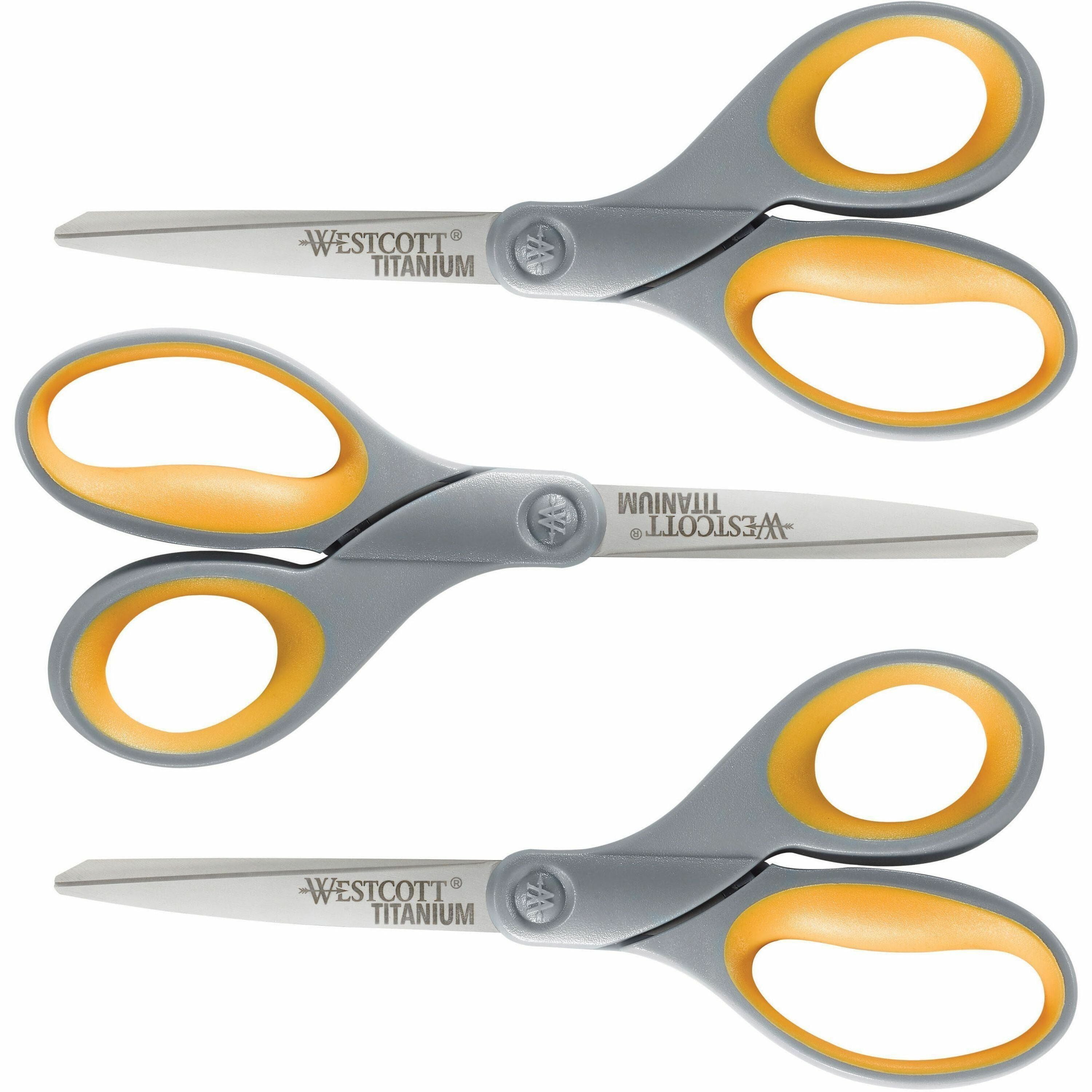 Westcott Titanium Bonded Scissors Set, 8" Straight, Pointed Tip, Gray/Yellow, 3 Pack