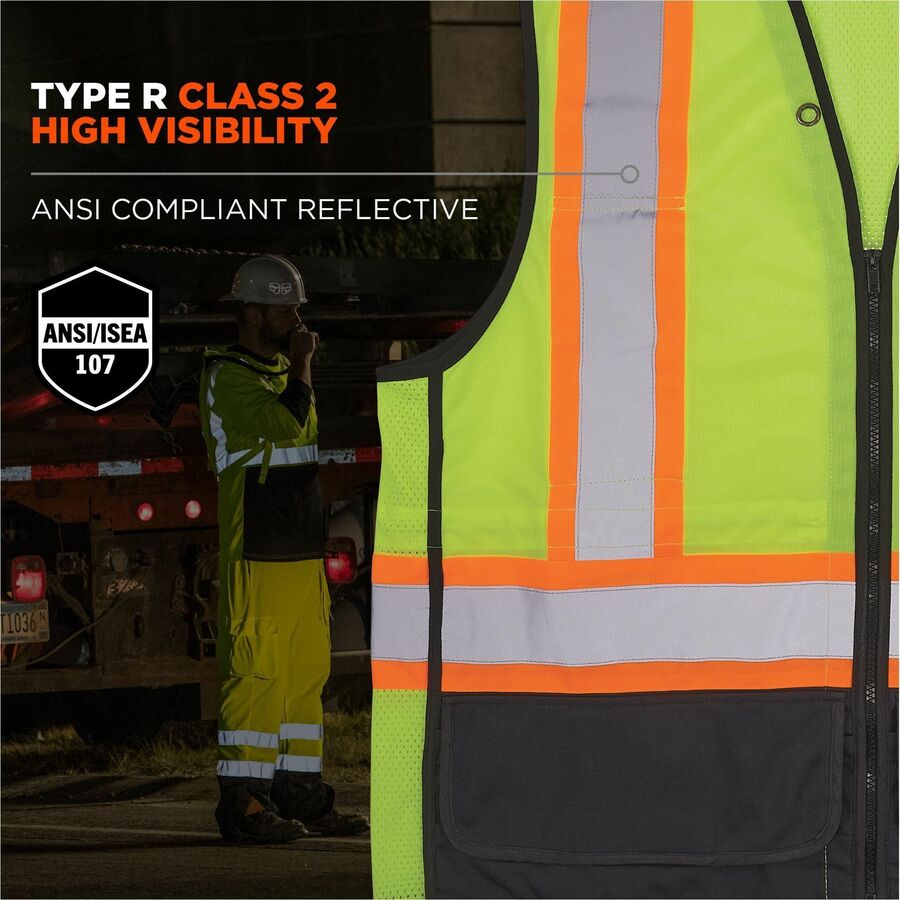 Ergodyne 8251HDZ-BK 2-Tone Hi-Vis Safety Vest, Large/Extra Large, Zipper Closure, Lime, Reflective, Mesh Back, Breathable, Lightweight, Multiple Pockets, 1 Each