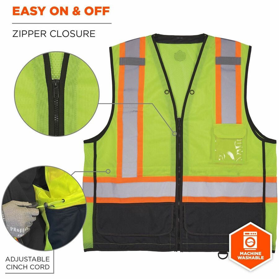 Ergodyne 8251HDZ-BK 2-Tone Hi-Vis Safety Vest, Large/Extra Large, Zipper Closure, Lime, Reflective, Mesh Back, Breathable, Lightweight, Multiple Pockets, 1 Each