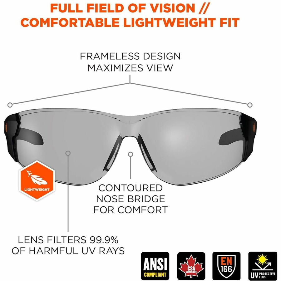 Ergodyne Skullerz SAGA Anti-Scratch & Enhanced Anti-Fog Safety Glasses, Sunglasses, Matte Black Frame, Polycarbonate, Rimless, Lightweight, Non-slip, 1 Each