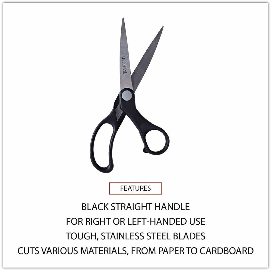 Universal Scissors - 3.75" Cutting Length - 8.5" Overall Length - Straight-left/right - Stainless Steel - Pointed Tip - Stainless Steel, Black - 1 Each